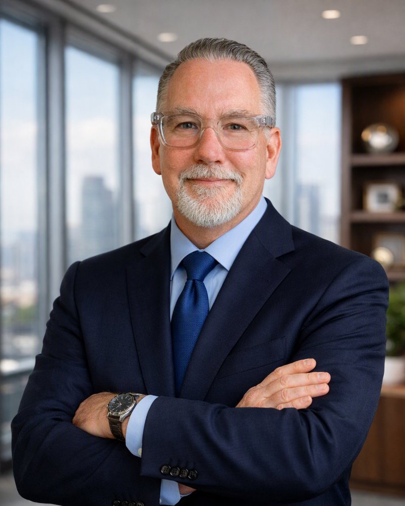 Chuck Porter in a navy suit, arms crossed, in an office